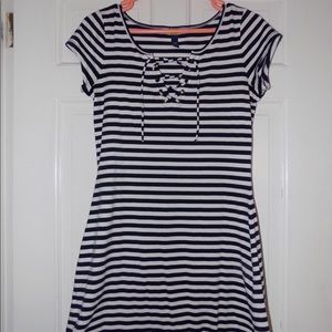 Navy and white striped A-line dress